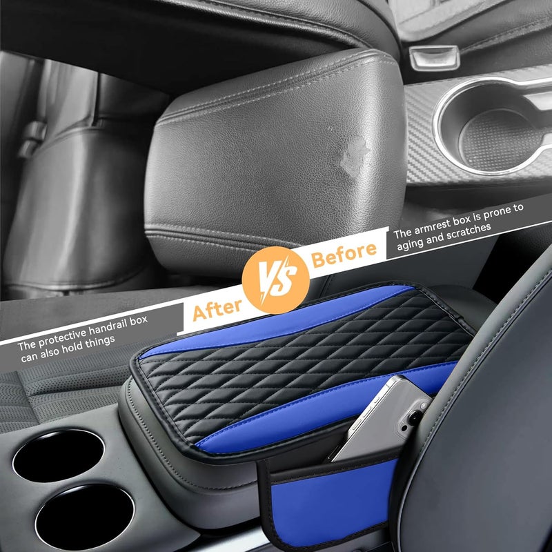 Tioollev Patchwork Leather Car Center Console Cover,Microfiber Leather Vehicle Armrest Protector Cushion with 2 Storage Bags,Universal Cars Armrest Cushion for SUV, Sedan, Truck (Blue) - Image 3